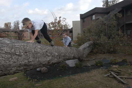 McAfee Resident Director son Seth Herr and friend Matthew Van Neste climb on a large tree that fell behind the McAfee Commons Saturday night as a result of the tornado.  - Photo by Jim Veneman