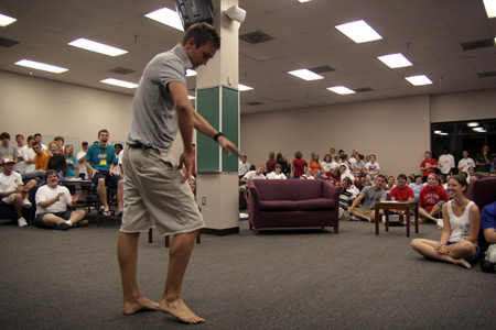 Ross Barnes pops and locks for the audience at the New Student Orientation open mic night. - Photo by Kyle Kurlick