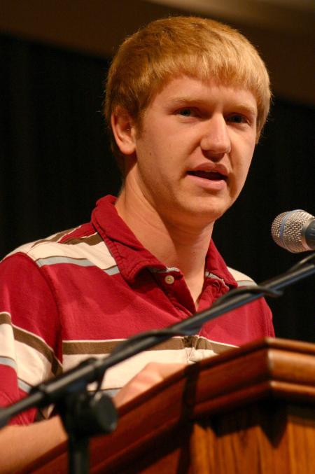 Daniel Spencer tells about his GO Trip this past year and how God calmed his fears. He strongly encouraged students to participate in a GO Trip this year. - Photo by Stephanie Schroeder