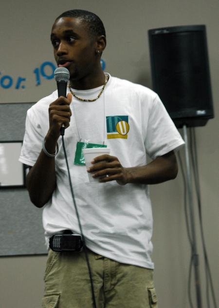 Freshman Darrion Garrett brings a little comedy to Union's open mic night during New Student Orientation. - Photo by Matthew Diggs