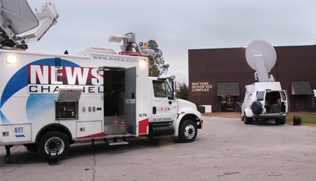 Many of the media outlets from Memphis, Nashville and Jackson came to the campus to do live remotes about the tornado damage and the efforts of the Union community to clean it up. - Photo by Jim Veneman