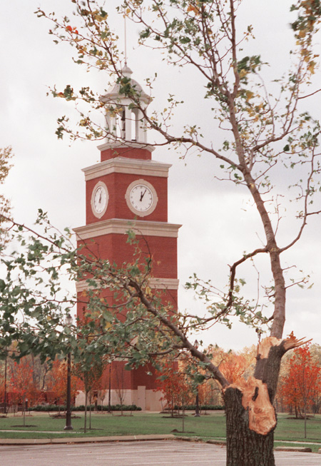 The Miller Tower clock froze at 12:05 a.m. as the tornado warnings sounded. - Photo by Lindsay Stavish