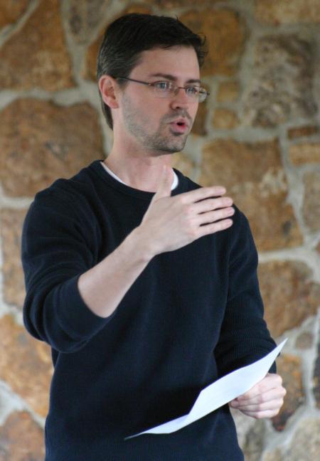 Justin Phillips, director of student programs, speaks to students on the Sunday morning of the art retreat. He provided a message based on creation. - Photo by Stephanie Schroeder