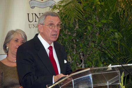 Raymond A. “Buddy” Boston accepts the Distinguished Alumnus Award during Homecoming. Boston, pastor of First Baptist Church of Covington, Tenn., is a longtime Baptist pastor in West Tennessee who graduated from Union in 1960 with a Bachelor of Arts degree in history. - Photo by Morris Abernathy