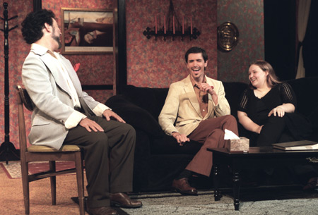 Jeremy Young, Ryan Schunemann, and Lindsey Garner get acquainted before dinner in <i>The Odd Couple.</i> - Photo by Jim Veneman