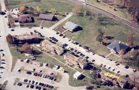 Warmath Residence Complex and Fraternity Row from the air at 3 p.m. on the tornado damage clean-up day. - Photo by Wayne Holmes
