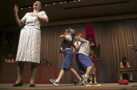 Caitlin Riggs, Ashley Diehm, Kali Wagner and Emily Watlington re-enact for the jury the wolf's side of the story in the Union University Players production of <em>The Trial of the Big Bad Wolf</em>. - Photo by Kyle Kurlick