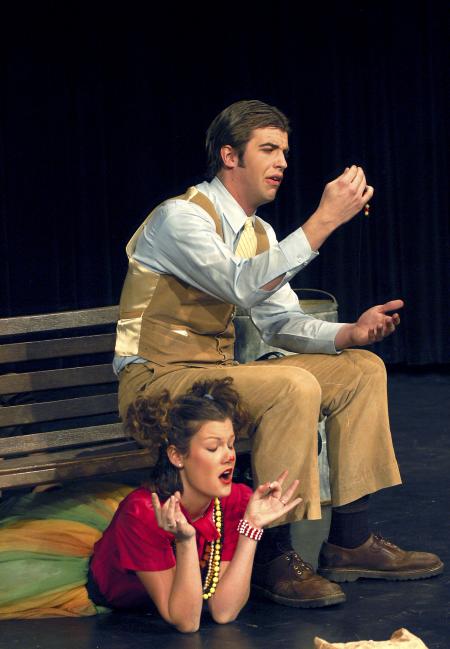 Freshman Tara Daniel, nursing major, and Sophomore Kieler Henry, DMS major, practice for the student directed one act <em>What did you say what for?</em> directed by Jill Casey. - Photo by Heather Phillips