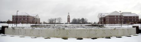 Jennings Hall and White Hall as seen from the west entrance of Union's campus on a snow day. - Photo by Matthew Diggs