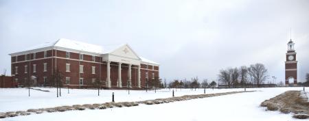 Jennings Hall and Miller Tower on a snow day. - Photo by Matthew Diggs