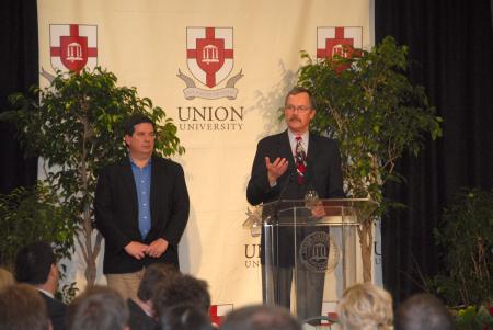 Thom Rainer and Mike Day fielded questions after their addresses during the Thursday evening session of Union's second Baptist Identity Conference. - Photo by Morris Abernathy