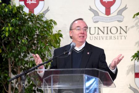 President Dockery welcomed guests to the Friday session of Union's second Baptist Identity Conference. - Photo by Morris Abernathy