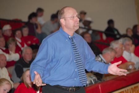 Ralph Turner seeks an explanation during the quarterfinal game of the TranSouth Conference against Freed-Hardeman. - Photo by Morris Abernathy