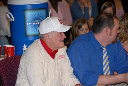 Union athletic booster Benny Fesmire enjoys a courtside seat as the Lady Bulldogs play in front of a home crowd. - Photo by Morris Abernathy