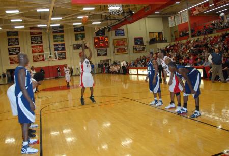 Pierry Valmera (44) takes a foul shot during the TranSouth Tournament semi-final contest with Lambuth. - Photo by Morris Abernathy