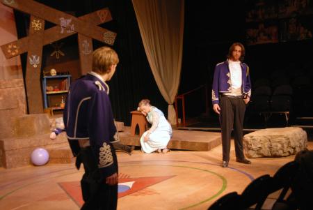 Lukas Burke as Sebastian and David Longobardo as Antonio discuss the fate of Julie Palmer as Alisha in the production of <em>The Tempest</em>. - Photo by Morris Abernathy