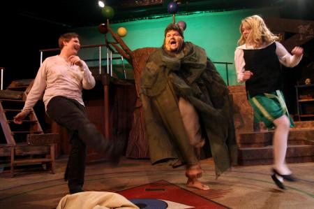 Tyler Whetstone as Stephano, Trevor Yarbrough as Caliban and Rachael Kapavik as Trincula in the theatre's production of <em>The Tempest</em>. - Photo by Kyle Kurlick