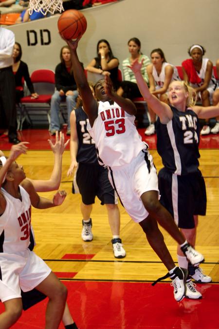 D.J. Sissoko takes a shot under the basket in the final minutes against The Master's College in the first round of the 2007 NAIA Championship Tournament. The Lady Bulldogs defeated The Master's College 86-55.  - Photo by Kyle Kurlick