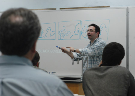 Union alum Kirby Atkins descibes storyboarding during his talk on computer animation and digital filmmaking. - Photo by Cam Tracy