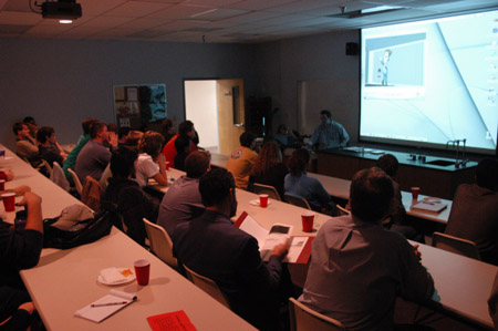 Union alum Kirby Atkins shows clips from <i>Jimmy Neutron</i> during his talk on computer animation and digital filmmaking. - Photo by Cam Tracy