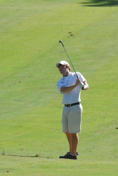 Matt Kelley completes the follow through on his swing during the Union Invitational at Falcon Ridge Golf Club. - Photo by Morris Abernathy
