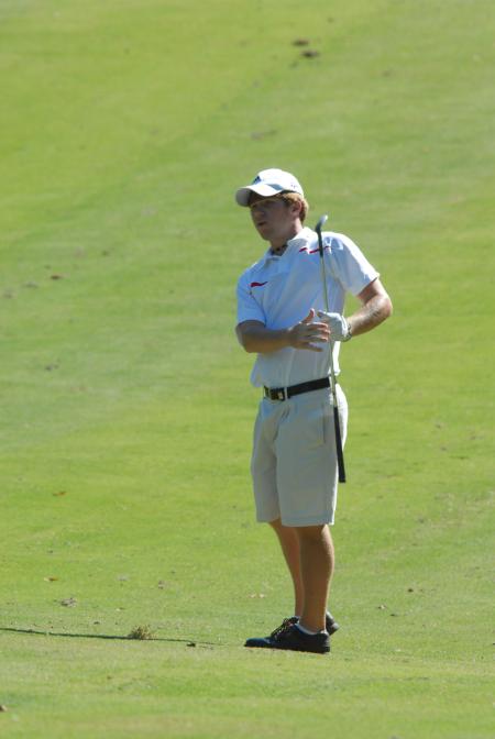 Matt Kelley watches the result of one of his shots during the Union Invitational at Falcon Ridge Golf Club. - Photo by Morris Abernathy