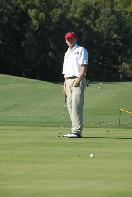 Gary Glapa watches his put role toward the hole during a round of play in the Union Invitational at Falcon Ridge Golf Club. - Photo by Morris Abernathy