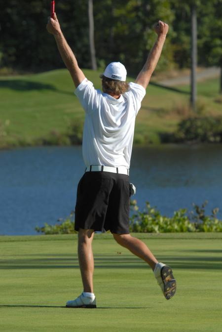 William Boyd celebrates a made put during the Union Invitational at Falcon Ridge Golf Club. - Photo by Morris Abernathy