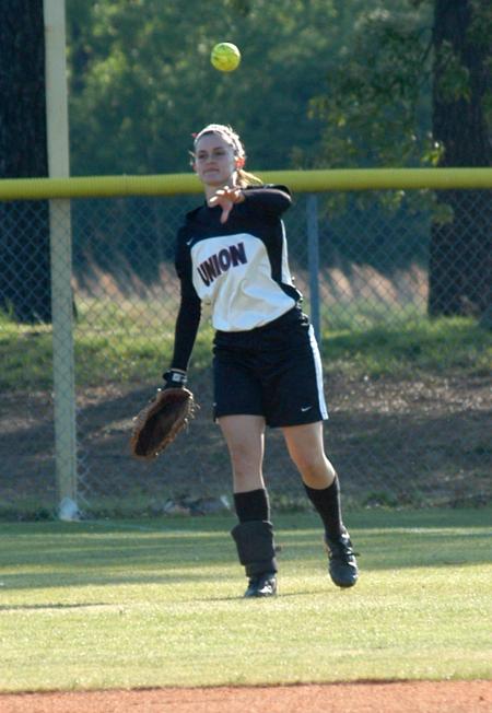 Michelle Albonetti throws the ball back to the infield after a catch in right field. - Photo by Steven Aldridge