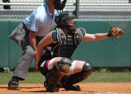 Union catcher Candice Thompson frames a pitch, awaiting the umpires decision. - Photo by Steven Aldridge