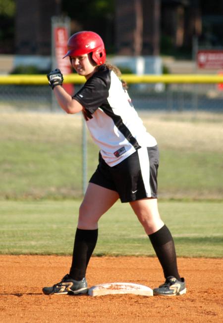 Candice Thompson prepares to take her lead at second base. - Photo by Steven Aldridge