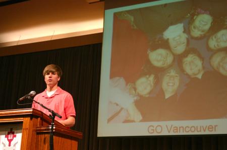 Michael Bartemus talks about his GO Trip to Vancouver during chapel. - Photo by Stephanie Schroeder