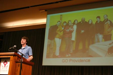 Bob Sparks talks about his GO Trip to Providence during chapel. - Photo by Stephanie Schroeder