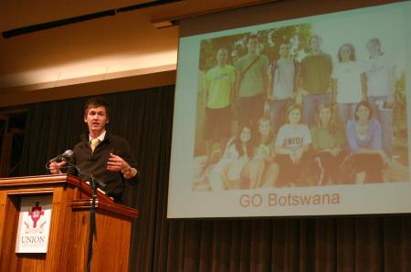 Ross Barnes talks about his GO trip to Botswana during chapel. - Photo by Stephanie Schroeder