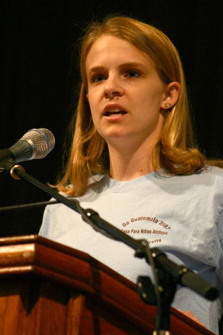 Emily Watlington talks about her GO Trip to Guatemala during chapel. - Photo by Stephanie Schroeder