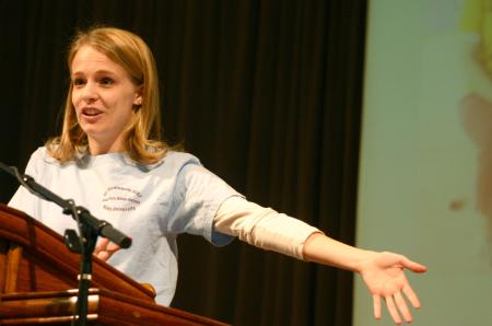 Emily Watlington talks about her GO Trip to Guatemala during chapel. - Photo by Stephanie Schroeder