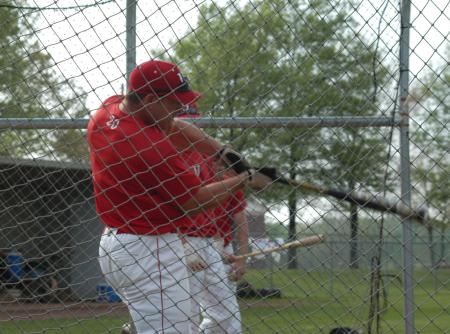 Joel Benchoff takes his cuts in the cage during pre-game batting practice. - Photo by Steven Aldridge