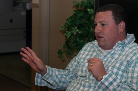 Nick Bateman talks with Rising Seniors during a Worship Night held in the McAfee commons. - Photo by Stephanie Schroeder