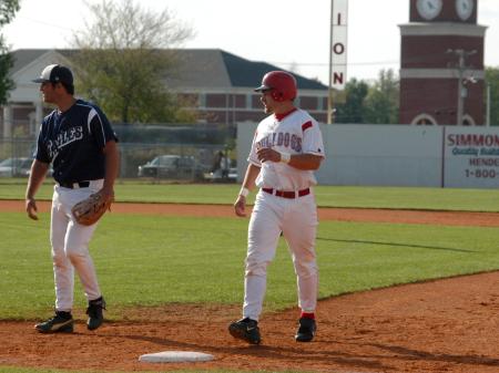 Joel Benchoff goes back to first after a pitch in the series win over Lambuth. - Photo by Steven Aldridge