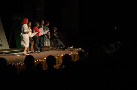 New students compete for prizes during the SAC game show, <em>Right is the Price,</em> hosted by Kieler Henry and Bekah Bothwell. - Photo by Matthew Diggs
