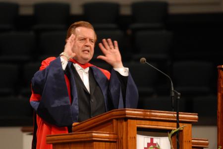 Richard Land, president of the Ethics and Religious Liberty Commission of the Southern Baptist Convention, was the keynote speaker for the August graduation ceremony.  Land was also inducted into the university's Carl F.H. Henry Society of Fellows. - Photo by Morris Abernathy
