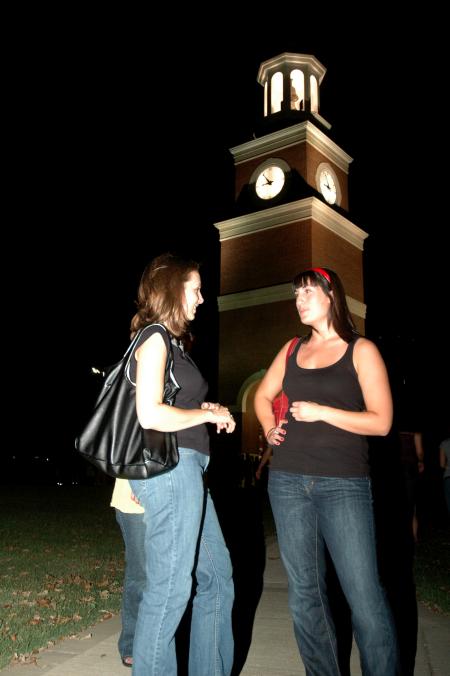 Senior French Majors Kristin Schaefer and Katie Beth Kelley chat in front of Miller Tower at the 2007 Howdy Party. - Photo by Neisha Fuson