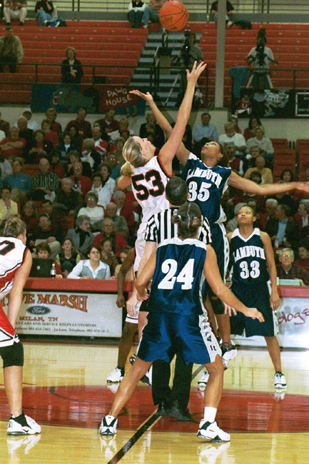 Senior Allison Harrison (53) jumps to start a game versus Lambuth. - Photo by Jim Veneman