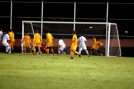 Union senior Scott <em>Sinky</em> Sinclair scores a goal for Union in the 2-1 win over Trevecca Nazarene. - Photo by Matt Elia