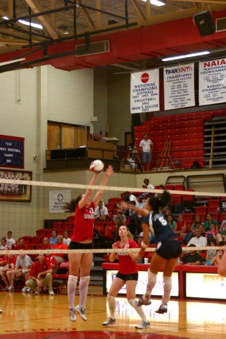Junior Brisa Berlin blocks a hit from Lambuth Univeristy. - Photo by Stephanie Schroeder