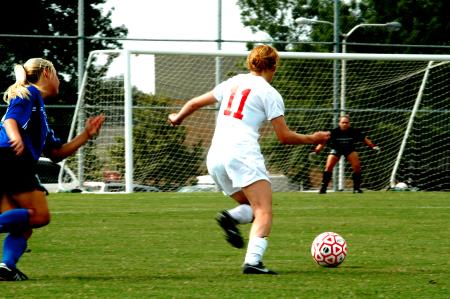 Sophomore Brooke Walker attacks the University of Alabama-Huntsville goal. - Photo by Matt Elia