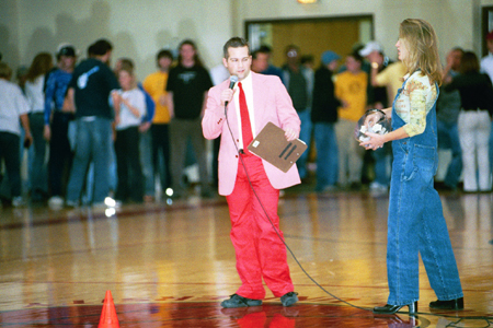 Mark VanderHaar prepares to draw the name of the lucky person who gets to attempt the $10,000 Halfcourt shot at the Lambuth game during Homecoming 2003. - Photo by Justin Veneman
