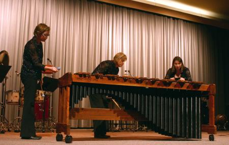 The Caixa Trio is a group of three women, Julie Davila, Julie Hill, and Amy Smith, whose instruments are purely percussion. They performed in the Savage Chapel on Oct. 1, 2007. - Photo by Stephanie Schroeder