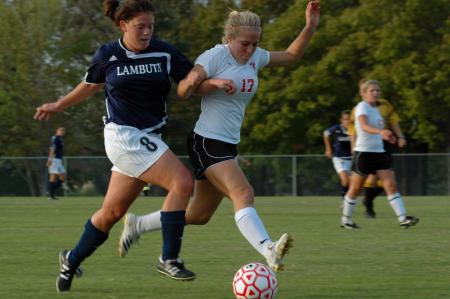 Sophomore Abigail Williams tries to take control of the ball in a game against Lambuth University.  - Photo by Neisha Fuson