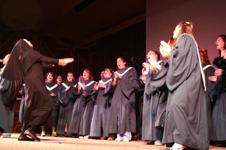 Jill Brown, the nun, and other Kappa Delta members perform songs from <em>Sister Act</em> for All Sing during Family Weekend. - Photo by Stephanie Schroeder
